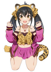 Rule 34 | 1girl, :d, animal ear fluff, animal ears, animal print, bare shoulders, black hair, black tank top, brown camisole, brown eyes, brown hairband, camisole, claw pose, collarbone, fake animal ears, full body, hair between eyes, hair ribbon, hairband, hands up, heart pendant, idolmaster, idolmaster cinderella girls, jacket, leopard ears, leopard print, leopard tail, long hair, long sleeves, matoba risa, mattaku mousuke, navel, off shoulder, open clothes, open jacket, open mouth, paw shoes, pink jacket, pink skirt, pleated skirt, print camisole, ribbon, simple background, sitting, skirt, sleeves past wrists, smile, solo, tail, tank top, twintails, twitter username, v-shaped eyebrows, wariza, white background
