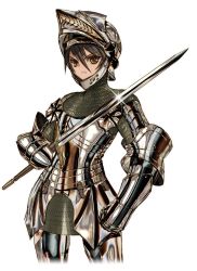 Rule 34 | 1girl, armor, breastplate, brown eyes, brown hair, commentary request, couter, faulds, female knight, frown, full armor, gauntlets, gleam, helmet, holding, holding sword, holding weapon, keuma, knight, looking at viewer, original, plate armor, shiny clothes, solo, sword, tsurime, visor, weapon, white background