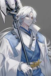 Rule 34 | 1boy, blue eyes, coat, facial mark, forehead mark, grey background, heterochromia, highres, long hair, looking at viewer, male focus, short hair, solo, tian lang (tower of fantasy), tower of fantasy, upper body, very long hair, weapon, white coat, white hair