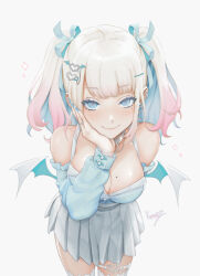 Rule 34 | 1girl, bare shoulders, blue eyes, breasts, cleavage, closed mouth, demon girl, detached sleeves, fingernails, hair ornament, hair ribbon, heart, heart hair ornament, highres, jewelry, kumanz, large breasts, leaning forward, looking at viewer, mini wings, miniskirt, mole, mole on breast, multicolored hair, original, pink background, ribbon, ring, skirt, smile, thighhighs, twintails, two-tone hair, white hair, white skirt, white thighhighs, wings