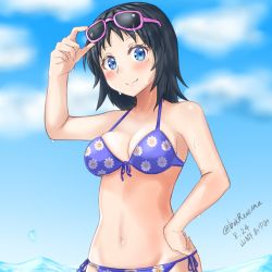 Rule 34 | 10s, 1girl, adjusting eyewear, bad id, bad twitter id, bikini, blue eyes, blue hair, blue sky, blush, breasts, character name, closed mouth, cloud, cloudy sky, commentary, dated, day, eyewear on head, floral print, freckles, front-tie bikini top, front-tie top, girls und panzer, hako reeema, hand on own hip, head tilt, highres, long hair, medium breasts, navel, ocean, one-hour drawing challenge, outdoors, print bikini, purple-framed eyewear, purple bikini, side-tie bikini bottom, sky, smile, solo, sunglasses, sunglasses on head, swimsuit, twitter username, wading, wet, yamagou ayumi