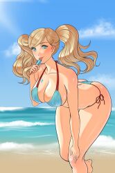 Rule 34 | 1girl, ass, barefoot, bent over, bikini, blonde hair, blue eyes, breasts, cleavage, female focus, food, hair ornament, hairclip, highres, large breasts, looking at viewer, persona, persona 5, popsicle, skindentation, solo, swimsuit, takamaki anne, thick thighs, thighs, twintails, xelaroseart