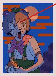 Rule 34 | 1girl, :3, animal ears, animal nose, artist name, bandana around neck, blue background, blunt bangs, border, burger, commentary request, egasumi, food, food bite, food on face, full moon, furrowed brow, green overalls, grey eyes, grey hair, highres, holding, holding food, laser, laser pointer projection, leaf, leaf on head, looking to the side, mode aim, moon, mukudori yodaka, nervous, nervous sweating, open mouth, orange shirt, outside border, peril, ponpoko (vtuber), raccoon ears, raccoon girl, raccoon tail, shirt, short sleeves, simple background, solo, sweat, tail, tail raised, undershirt, upper body, virtual youtuber, white border, wide-eyed