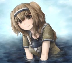 Rule 34 | 1girl, blue sky, breasts, brown eyes, cloud, cloudy sky, hairband, i-26 (kancolle), kantai collection, light brown hair, long hair, looking at viewer, medium breasts, miyasutou, name tag, new school swimsuit, ocean, one-piece swimsuit, open clothes, partially submerged, sailor collar, school swimsuit, short sleeves, sky, smile, solo, swimsuit, swimsuit under clothes, two-tone hairband, two side up, water