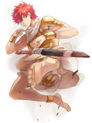 Rule 34 | 1boy, anklet, armor, bad id, bad pixiv id, barefoot, bracelet, breastplate, feet, flying kick, full body, jewelry, karita (kali lgk), kicking, lip piercing, magi the labyrinth of magic, male focus, masrur, pauldrons, piercing, red eyes, red hair, short hair, shoulder armor, simple background, soles, solo, sword, weapon, white background