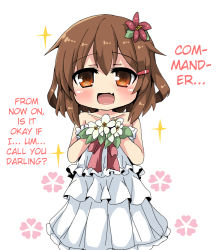Rule 34 | 1girl, blush, brown eyes, brown hair, dress, fang, flower, hair ornament, hairclip, hard-translated, ikazuchi (kancolle), kantai collection, looking at viewer, open mouth, oshiruko (uminekotei), short hair, skin fang, smile, solo, third-party edit, translated, wedding dress