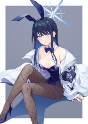 Rule 34 | animal ears, arm support, black hair, blue archive, blue eyes, bow, bowtie, coat, detached collar, fake animal ears, fishnet pantyhose, fishnets, high heels, highres, kano hito, leotard, long hair, off shoulder, pantyhose, playboy bunny, rabbit ears, saori (blue archive), sitting, strapless, strapless leotard, traditional bowtie, white coat, wrist cuffs