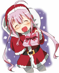 Rule 34 | 10s, 1girl, :o, ahoge, blush, buckle, cowboy shot, double bun, closed eyes, gift, glasses, hachi (8bit canvas), hat, holding, holding gift, incoming gift, kantai collection, long sleeves, makigumo (kancolle), pantyhose, pink hair, santa costume, santa hat, sleeves past wrists, twintails