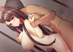 Rule 34 | 1girl, akagi (azur lane), animal ears, azur lane, black hair, blush, grabbing another&#039;s breast, breasts, brown hair, couple, cum, cum on ass, dutch angle, eyeshadow, fox ears, fox tail, grabbing, grabbing from behind, hair tubes, hetero, holding another&#039;s wrist, jewelry, large breasts, long hair, looking at viewer, makeup, mikomachi (35machi), multiple tails, nipples, nose blush, parted lips, puffy nipples, red eyes, ring, sex, smile, standing, standing sex, sweat, tail, very long hair, wedding band