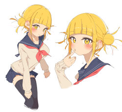 Rule 34 | 1girl, :p, absurdres, black thighhighs, blonde hair, blue sailor collar, blue skirt, blush, boku no hero academia, breasts, brown cardigan, cardigan, commentary request, double bun, finger to mouth, hair bun, highres, looking at viewer, medium breasts, multiple views, neckerchief, rasusurasu, red neckerchief, sailor collar, school uniform, serafuku, short hair, simple background, skirt, thighhighs, toga himiko, tongue, tongue out, white background, yellow eyes, zettai ryouiki