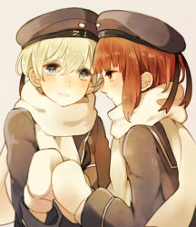 Rule 34 | 10s, 2girls, bisco9skm, blonde hair, blue eyes, blush, brown hair, clothes writing, hat, kantai collection, long sleeves, looking at another, military, military uniform, mittens, multiple girls, neckerchief, orange eyes, sailor collar, sailor hat, scarf, short hair, uniform, z1 leberecht maass (kancolle), z3 max schultz (kancolle)