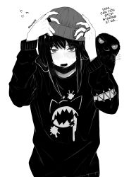 Rule 34 | 1girl, absurdres, alternate costume, animal, animal on shoulder, beanie, bird, bird on shoulder, black sweater, blush, chainsaw man, commentary, english commentary, english text, greyscale, hand on own head, hat, highres, jewelry, long hair, mask, masoq, mitaka asa, monochrome, mouth mask, multiple rings, open mouth, paint splatter, ring, solo, straight-on, sweater, twitter username, war devil (chainsaw man), white background