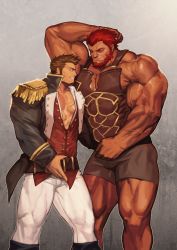 Rule 34 | 2boys, armor, armpits, ass grab, bara, beard, belt, blue eyes, boots, breastplate, brown hair, bursting pectorals, censored, commission, cowboy shot, epaulettes, facial hair, fate/grand order, fate (series), full body, highres, iskandar (fate), large pectorals, leather, long sideburns, long sleeves, looking at another, male focus, multiple boys, muscular, napoleon bonaparte (fate), open clothes, pants, pectorals, red eyes, red hair, scar, shorts, sideburns, smile, standing, thick thighs, thighs, traver009, uniform, veins, yaoi