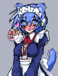 Rule 34 | animal ears, aoba (aunana), apron, blue eyes, blue hair, blush, breasts, cat ears, cat tail, cyborg, eyes visible through hair, highres, id card, joints, large breasts, maid, maid apron, maid day, maid headdress, mechanical ears, miyuki mama, open mouth, red ribbon, ribbon, robot joints, tail
