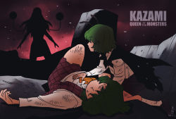 Rule 34 | 3girls, antennae, ascot, cape, closed eyes, dirty, dirty clothes, english text, godzilla: king of the monsters, godzilla (series), green hair, hand on another&#039;s stomach, hecatia lapislazuli, kazami yuuka, kneeling, long hair, long sleeves, looking at another, lying, monsterverse, multiple girls, on back, onikobe rin, orange ascot, outdoors, parody, plaid, plaid skirt, plaid vest, shirt, shoes, short hair, silhouette, skirt, skirt set, socks, standing, touhou, unconscious, vest, white shirt, wriggle nightbug