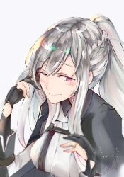 Rule 34 | 1girl, absurdres, ak-12 (girls&#039; frontline), black gloves, blush, braid, breasts, cloak, closed mouth, cocoka, french braid, girls&#039; frontline, gloves, hand on own face, highres, jewelry, light particles, long hair, long sleeves, looking at viewer, medium breasts, partially fingerless gloves, purple eyes, ribbon, ring, sidelocks, signature, silver hair, smile, solo, strap, upper body, very long hair, wedding band