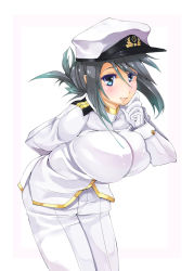 Rule 34 | 10s, 1girl, blue eyes, blue hair, blush, breasts, cowboy shot, epaulettes, female admiral (kancolle), folded ponytail, gloves, gradient hair, hand on own chin, hat, highres, impossible clothes, jacket, kagetsu (tonoyayoi4), kantai collection, large breasts, leaning forward, long sleeves, military, military hat, military uniform, multicolored hair, naval uniform, pants, peaked cap, solo, uniform, upper body, white gloves, white jacket, white pants
