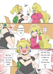 Rule 34 | 2girls, bare shoulders, black dress, blonde hair, blue eyes, blush, blush stickers, bowsette, clenched teeth, comic, dress, earrings, emphasis lines, english text, engrish text, horns, jewelry, long hair, mario (series), multiple girls, new super mario bros. u deluxe, nintendo, nose blush, pink dress, ponytail, princess peach, ranguage, sesield, short hair, shouting, slap mark, slapping, strapless, strapless dress, super crown, teeth