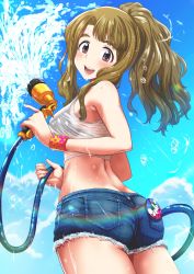 Rule 34 | 1girl, badge, bare shoulders, blue sky, brown eyes, brown hair, butt crack, button badge, commentary request, crop top, day, denim, denim shorts, from behind, high ponytail, highres, hose, idolmaster, idolmaster million live!, long hair, looking at viewer, looking back, midriff, miyao miya, nail polish, outdoors, pink nails, run p (aveton), see-through, short shorts, shorts, sky, solo, tank top, thick eyebrows, water, wet, wet clothes, wristband