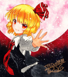 Rule 34 | 1girl, :d, bad id, bad pixiv id, black skirt, black vest, blonde hair, collared shirt, fang, from side, hair ribbon, long sleeves, looking at viewer, looking to the side, moon, necktie, open mouth, outstretched arm, outstretched hand, qqqrinkappp, red eyes, red moon, red necktie, red ribbon, ribbon, rumia, shikishi, shirt, short hair, signature, skirt, skirt set, smile, solo, star (sky), touhou, traditional media, upper body, vest, white shirt
