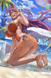Rule 34 | 1girl, ass, bare shoulders, barefoot, beach, blonde hair, blush, drooling, feet, halo, highres, jibril (no game no life), long hair, looking at viewer, low wings, navel, no game no life, one-piece swimsuit, orange one-piece swimsuit, outdoors, parted lips, purple hair, see-through, silvertsuki, smile, solo, swimsuit, thighs, toes, water, wings