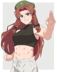 Rule 34 | 1girl, alternate costume, asuka shirou, bare shoulders, black shirt, blue eyes, border, commentary request, covered collarbone, cowboy shot, fighting stance, green hat, grey background, hat, hong meiling, looking at viewer, muscular, muscular female, pants, red hair, shirt, simple background, skin tight, solo, star (symbol), touhou, white border, white pants