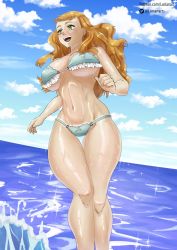 Rule 34 | 1girl, bikini, black clover, blue sky, blush, breasts, green eyes, highres, large breasts, lorianarts, mimosa vermillion, open mouth, orange hair, sky, smile, swimsuit, tagme, water