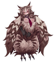 Rule 34 | 1girl, blush, breasts, brown eyes, brown hair, digitigrade, feathers, fluffy, harpy, highres, kenkou cross, large breasts, looking at viewer, monster girl, monster girl encyclopedia, necktie, official art, owl mage (monster girl encyclopedia), pants, ribbed sweater, short eyebrows, short hair, simple background, solo, sweater, talons, white background, winged arms, wings
