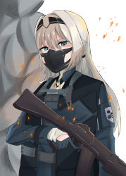 Rule 34 | 1girl, absurdres, an-94, an-94 (girls&#039; frontline), aqua eyes, aqua gloves, assault rifle, black hairband, blonde hair, breasts, girls&#039; frontline, gloves, gun, hair between eyes, hair ornament, hairband, hairclip, highres, holding, holding gun, holding weapon, long hair, looking at viewer, mask, rifle, serious, simple background, small breasts, smoke, solo, tactical clothes, tigger drawing, upper body, weapon