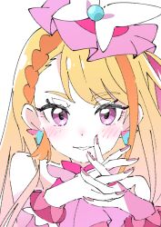 Rule 34 | 1girl, blonde hair, blush, commentary request, cure butterfly, fingernails, hijiri ageha, hirogaru sky! precure, interlocked fingers, ixy, long hair, looking at viewer, magical girl, multicolored hair, nail polish, orange hair, pink eyes, precure, simple background, smile, solo, streaked hair, upper body, white background
