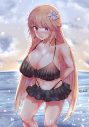 Rule 34 | 1girl, absurdres, agodashi, bikini, black bikini, blonde hair, breasts, brooklyn (kancolle), cleavage, collarbone, flower, frilled bikini, frills, hair flower, hair ornament, highres, kantai collection, large breasts, long hair, looking at viewer, red eyes, solo, swimsuit, white flower