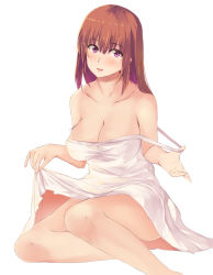 Rule 34 | 1girl, blush, breasts, brown hair, cleavage, clothes lift, collarbone, dress, dress lift, female focus, large breasts, long hair, looking at viewer, muko (kokia38), off shoulder, open mouth, original, purple eyes, simple background, sitting, sleeveless, sleeveless dress, smile, solo, undressing, white background, white dress
