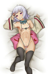 Rule 34 | 1girl, ahoge, bed, bed sheet, bikini, black thighhighs, breasts, detached sleeves, female pubic hair, fingernails, from above, gluteal fold, hair ornament, heart, heart hair ornament, hidekichi (09075470338), highres, long sleeves, looking at viewer, lying, micro bikini, moemi, moemi &amp; yomemi channel, navel, neck ribbon, nipples, on back, parted lips, pubic hair, purple eyes, pussy, ribbon, short hair, small breasts, smile, solo, sweat, swimsuit, teeth, thighhighs, virtual youtuber, white hair, wide sleeves