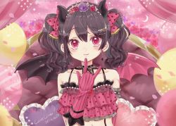 Rule 34 | 1girl, artist name, artist request, balloon, bare shoulders, black choker, black hair, blush, bow, bracelet, breasts, choker, collarbone, curled horns, curtains, demon girl, demon horns, demon tail, demon wings, detached collar, dress, earrings, elbow gloves, female focus, flat chest, floral print, flower, flower earrings, flower print, frilled dress, frills, gloves, grey wings, hair between eyes, hair bow, hair flower, hair ornament, hairclip, horns, indoors, jewelry, long hair, looking at viewer, love live!, love live! school idol festival, love live! school idol project, m/, midriff, moon, multiple pillows, navel, parted lips, pearl bracelet, pillow, pink curtains, pink flower, pink gloves, pink rose, polka dot, polka dot bow, purple flower, purple rose, red bow, red eyes, red flower, red rose, rose, short hair, short twintails, sidelocks, small breasts, smile, solo, star (symbol), striped clothes, striped gloves, tail, tiara, twintails, upper body, vertical-striped clothes, vertical-striped gloves, wings, yazawa nico