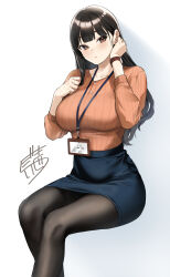 Rule 34 | 1girl, 5saiji, absurdres, black hair, black pantyhose, blue skirt, blush, breasts, brown eyes, commission, highres, id card, lanyard, large breasts, long hair, long sleeves, looking at viewer, office lady, orange sweater, original, pantyhose, parted lips, pencil skirt, ribbed sweater, signature, simple background, sitting, skeb commission, skirt, solo, sweater, watch, wristwatch