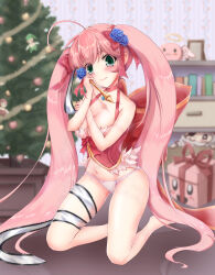 1boy 1girl absurdres ahoge angeling antonio_(ragnarok_online) blue_flower blush bow breasts chest_of_drawers christmas christmas_tree cleavage closed_mouth corset flower frills full_body green_eyes hair_bow hair_flower hair_ornament highres indoors kuma_king large_bow leg_ribbon long_hair looking_at_viewer medium_breasts myst_case navel official_alternate_costume panties pink_hair ragnarok_online red_bow ribbon smile solo_focus twintails underwear very_long_hair wanderer_(ragnarok_online) white_panties white_ribbon