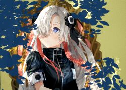 Rule 34 | 1girl, arms at sides, asymmetrical sleeves, black bow, black jacket, blue eyes, bow, closed mouth, collared jacket, dappled sunlight, goodboy, hair bow, hair over one eye, highres, isekai joucho, jacket, kamitsubaki studio, long hair, long sleeves, looking to the side, multicolored hair, one eye covered, picture frame, red hair, shadow, short sleeves, sidelocks, solo, straight hair, streaked hair, sunlight, upper body, white hair, zipper, zipper pull tab
