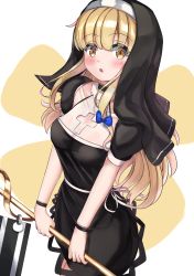 Rule 34 | 1girl, black dress, blonde hair, blush, breasts, brown eyes, cleavage, cleavage cutout, clothing cutout, commentary request, cross cutout, dress, habit, highres, holding, long hair, looking at viewer, medium breasts, nun, original, parted lips, solo, standing, takapii, veil, very long hair, white background
