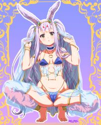 Rule 34 | 1girl, absurdres, animal ears, arms up, ass, azur lane, barefoot, bikini, blue bikini, bracelet, breasts, brown eyes, cameltoe, circlet, feet, gem, harem outfit, highleg, highleg bikini, highres, jewelry, legs, long hair, looking at viewer, navel, necklace, rabbit ears, rabbit girl, shimakaze (azur lane), small breasts, solo, spread legs, squatting, stomach, swimsuit, thighlet, thighs, toes, two side up, umyonge (lkakeu), very long hair, white hair