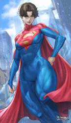 Rule 34 | 1girl, absurdres, black hair, blue bodysuit, bodysuit, breasts, building, cape, closed mouth, dc comics, dc extended universe, floating, hand on own hip, hibren, highres, light smile, lips, medium breasts, multicolored bodysuit, multicolored clothes, outdoors, red bodysuit, red cape, short hair, sky, solo, supergirl, superhero costume, superman (series), the flash (2023)