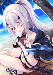 Rule 34 | 1girl, beach, belt, bikini, bikini top lift, black bikini, black jacket, blue sky, bottle, breasts, breasts out, clothes lift, commentary request, cropped jacket, fate/grand order, fate (series), forked eyebrows, high ponytail, highres, hitsujibane shinobu, jacket, long hair, long sleeves, looking at viewer, melusine (fate), melusine (swimsuit ruler) (fate), melusine (swimsuit ruler) (first ascension) (fate), navel, nipples, one eye closed, palm tree, petite, pubic tattoo, sandals, shore, shrug (clothing), sidelocks, sky, small breasts, smile, solo, swimsuit, tail, tattoo, thighlet, thighs, tongue, tongue out, tree, v, white hair, yellow eyes