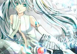 Rule 34 | 1girl, aonoe, aqua eyes, aqua hair, bad id, bad pixiv id, breasts, elbow gloves, female focus, fingerless gloves, gloves, hatsune miku, hatsune miku (append), highres, long hair, navel, necktie, smile, solo, thighhighs, twintails, very long hair, vocaloid, vocaloid append