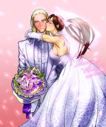Rule 34 | 1boy, 1girl, andy bogard, blonde hair, blue eyes, blush, bouquet, bow, bowtie, breasts, bridal veil, bride, brown hair, couple, dress, elbow gloves, embarrassed, fatal fury, flower, formal, gloves, hetero, kiss, large breasts, ponytail, rukiana, shiranui mai, sideboob, snk, sweatdrop, the king of fighters, traditional bowtie, tuxedo, veil, wedding, wedding dress, white gloves