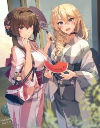 Rule 34 | 3girls, bite mark, blonde hair, blue eyes, breasts, brown hair, cherry blossoms, choker, closed mouth, fairy (kancolle), flower, food, fruit, grey kimono, hair bun, hair flower, hair ornament, hair over shoulder, hand fan, highres, himeyamato, holding, holding fan, iowa (kancolle), japanese clothes, kantai collection, kimono, large breasts, long hair, mini person, minigirl, multiple girls, obi, open mouth, paper fan, pink kimono, sash, size difference, smile, standing, star-shaped pupils, star (symbol), symbol-shaped pupils, uchiwa, watermelon, watermelon slice, yamato (kancolle), yukata