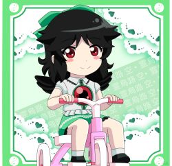 Rule 34 | 1girl, aged down, alternate hair length, alternate hairstyle, ankle socks, artist name, bird wings, black footwear, black hair, blush stickers, border, character name, chibi, commentary, doily, green background, green border, green skirt, heart, highres, looking at viewer, petticoat, puffy short sleeves, puffy sleeves, red eyes, reiuji utsuho, remyfive, resolution mismatch, shirt, short hair, short sleeves, skirt, smile, socks, solo, source smaller, third eye, touhou, tricycle, white shirt, white socks, wings, yin yang