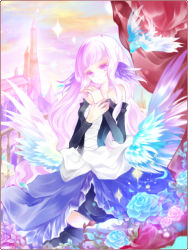 Rule 34 | 1girl, bird, blue flower, blue rose, castle, curtains, detached sleeves, flower, gwendolyn (odin sphere), hair down, hair ornament, holding own wrist, jewelry, long hair, no nose, odin sphere, pink theme, ring, rose, sky, solo, souka (souspirit), white hair, wings