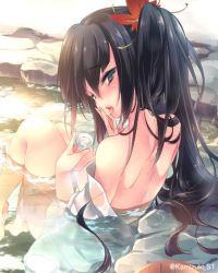 Rule 34 | 1girl, bathing, black hair, blue eyes, clothes down, floating hair, from behind, hair ornament, hand to own mouth, kamizuki shiki, leaf hair ornament, long hair, looking at viewer, open mouth, original, partially submerged, sitting, solo, tongue, tongue out, wet, wet clothes