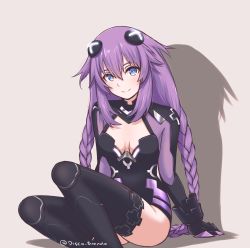 Rule 34 | 1girl, artist name, black gloves, black thighhighs, blue eyes, braid, breasts, breasts apart, choujigen game neptune, commentary, d-pad, d-pad hair ornament, disco brando, english commentary, feet out of frame, gloves, hair between eyes, hair ornament, highres, long hair, looking at viewer, medium breasts, neptune (neptunia), neptune (series), power symbol, power symbol-shaped pupils, purple hair, purple heart (neptunia), simple background, sitting, smile, solo, symbol-shaped pupils, thighhighs, twin braids, twitter username, very long hair
