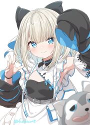 Rule 34 | 1girl, absurdres, apron, arm up, armpits, belt, black bow, black bracelet, black shirt, black sleeves, blue hair, blue nails, blush, bow, cat, closed mouth, colored inner hair, cowboy shot, detached sleeves, frilled apron, frills, fuusuke (fusuke208), grey belt, grey hair, hair bow, hands up, highres, itoi toi (neo-porte), long bangs, long sleeves, looking at viewer, maid, medium hair, multicolored hair, nail polish, neo-porte, open hand, shirt, simple background, sleeveless, sleeveless shirt, sleeves past fingers, sleeves past wrists, smile, solo, sparkle earrings, sparkling eyes, tongue, tongue out, twitter username, unconventional maid, virtual youtuber, white apron, white background