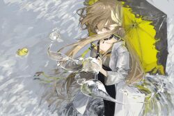 Rule 34 | 1girl, abstract background, absurdres, arknights, black choker, black dress, breasts, brown hair, choker, coat, commentary, covering own mouth, dress, english commentary, feather hair, floating hair, grey background, highres, holding, holding umbrella, lab coat, long hair, looking at viewer, looking up, mole, mole under eye, monmon (sleepymonmon), muelsyse (arknights), reflection, rubber duck, small breasts, umbrella, very long hair, wading, water drop, white coat, yellow eyes